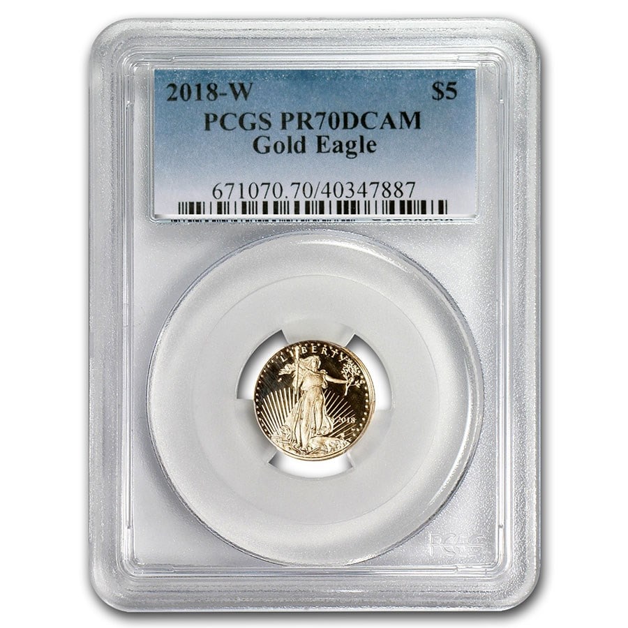 2018-W 1/10 oz Proof American Gold Eagle PR-70 PCGS: 2018-W 1/10 oz Proof American Gold Eagle PR-70 PCGS SKU no: RBJ218490 Year: 2018 Grade Service: PCGS Denomination: $5.00 Metal Content: 0.1 troy oz Purity: .9167 Thickness: 1.19 mm