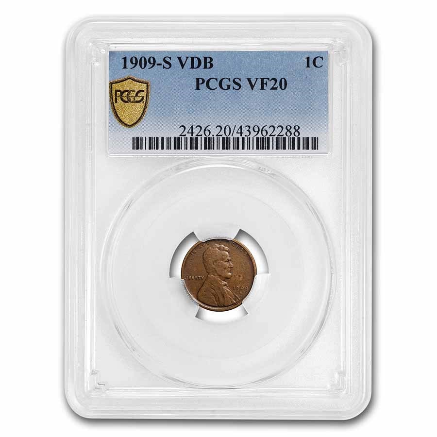 1909-S VDB Lincoln Cent VF-20 PCGS: 1909-S VDB Lincoln Cent VF-20 PCGS SKU no: RBJ15624 Year: 1909 Grade Service: PCGS Denomination: 1 Cent Metal Content: 0 troy oz Purity: N/A Thickness: 1.50 mm Diameter: 19 mm