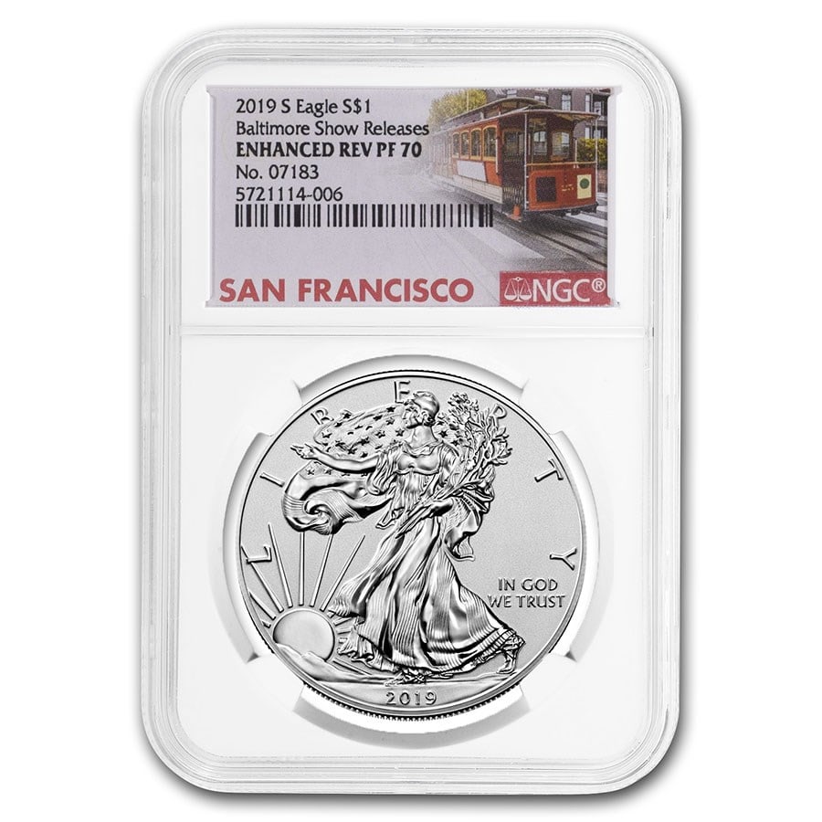 2019-S Enhanced Reverse Proof Silver Eagle PF-70 NGC (Baltimore): 2019-S Enhanced Reverse Proof Silver Eagle PF-70 NGC (Baltimore) SKU no: RBJ202156 Year: 2019 Grade: Proof - 70 Grade Service: NGC Denomination: 1 Dollar Mint Mark: S - San Francisco Meta
