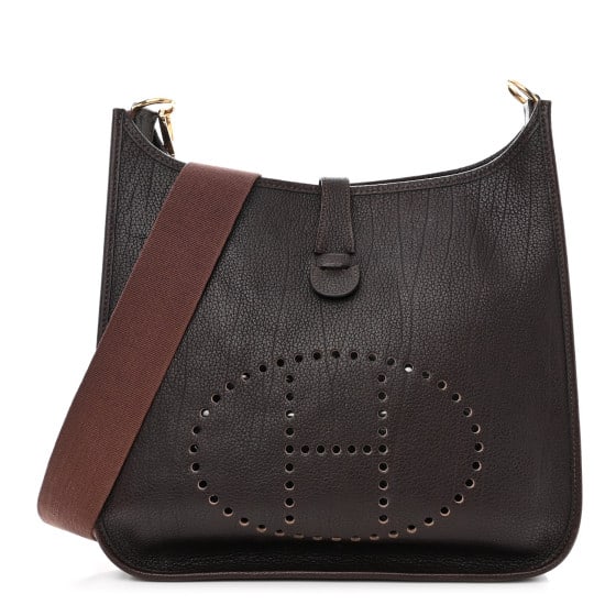 Hermes Fjord Evelyne GM Chocolate: Hermes Fjord Evelyne GM Chocolate This is an authentic HERMES Fjord Evelyne GM in Chocolate. This stylish shoulder bag is finely crafted of calfskin leather in dark brown. It features a canvas shoulde