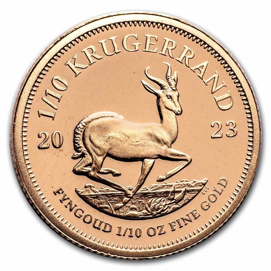2023 South Africa 1/10 oz Proof: 2023 South Africa 1/10 oz Proof Gold Krugerrand SKU no: RBJ263285 Year: 2023 Grade: Proof Grade Service: None Mint Mark: Not Shown Metal Content: 0.1 troy oz Purity: .9167 Thickn