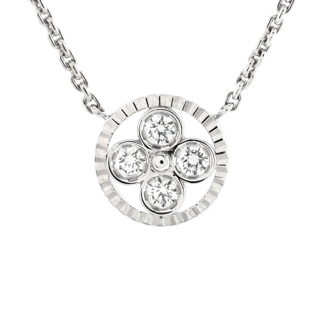 Louis Vuitton Sun Blossom Pendant: Louis Vuitton Sun Blossom Pendant Necklace 18K White Gold with Diamonds Metal Type: 18K White Gold Metal Finish: High Polish Hallmarks Type: 750, Designer Signature, French Eagle?s Head, Makers Mark,