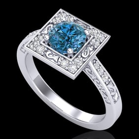1.1 ctw Intense Blue Diamond Engagment Art Deco Ring 18k White Gold