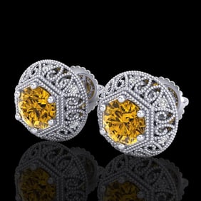 1.31 ctw Intense Fancy Yellow Diamond Art Deco Earrings 18k White Gold