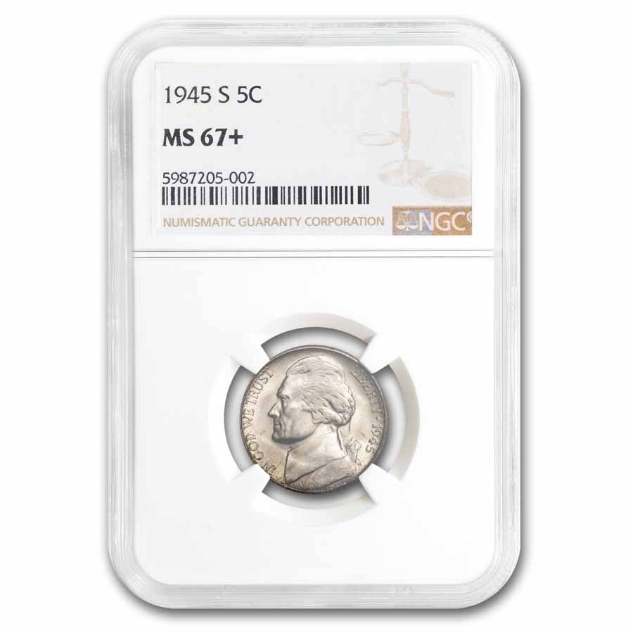 1945-S Silver Jefferson Nickel MS-67+ NGC: 1945-S Silver Jefferson Nickel MS-67+ NGC SKU no: RBJ286766 Year: 1945 Grade: MS-67 Grade Service: NGC Denomination: 5 Cents Mint Mark: S - San Francisco Metal Content: 0.0562 troy oz