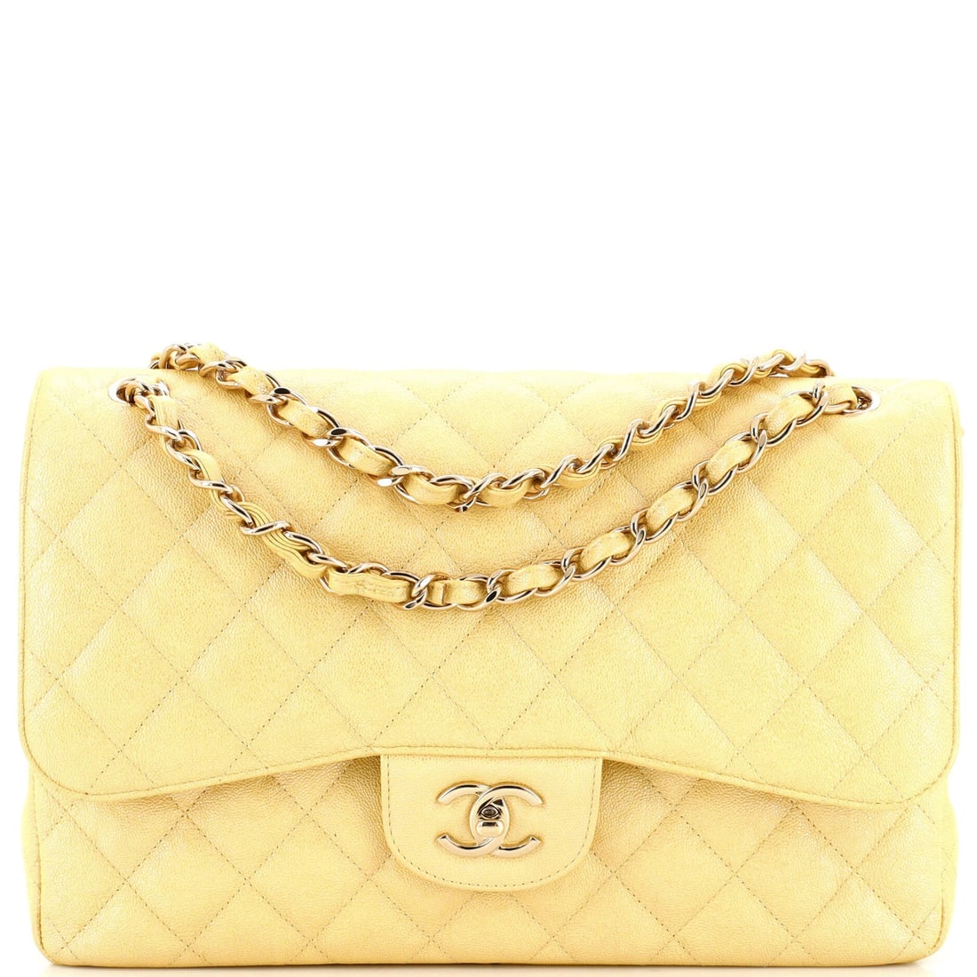 Chanel Classic Double Flap Bag: Chanel Classic Double Flap Bag Quilted Iridescent Caviar Jumbo Exterior Color: Yellow Interior Color: Yellow Exterior Material: Leather Interior Material: Leather Hardware Color: Gold Tone Estimat