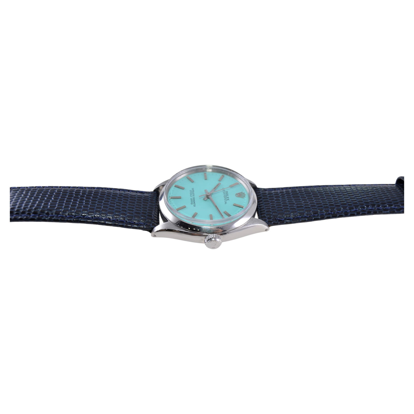 Rolex Stainless Steel Oyster Perpetual: Rolex Stainless Steel Oyster Perpetual With Custom Tiffany Blue Dial 1956 Brand: Rolex Design: Oyster Perpetual Watch Case Material: Stainless Steel Style: Modern Place of Origin: Switzerland Peri