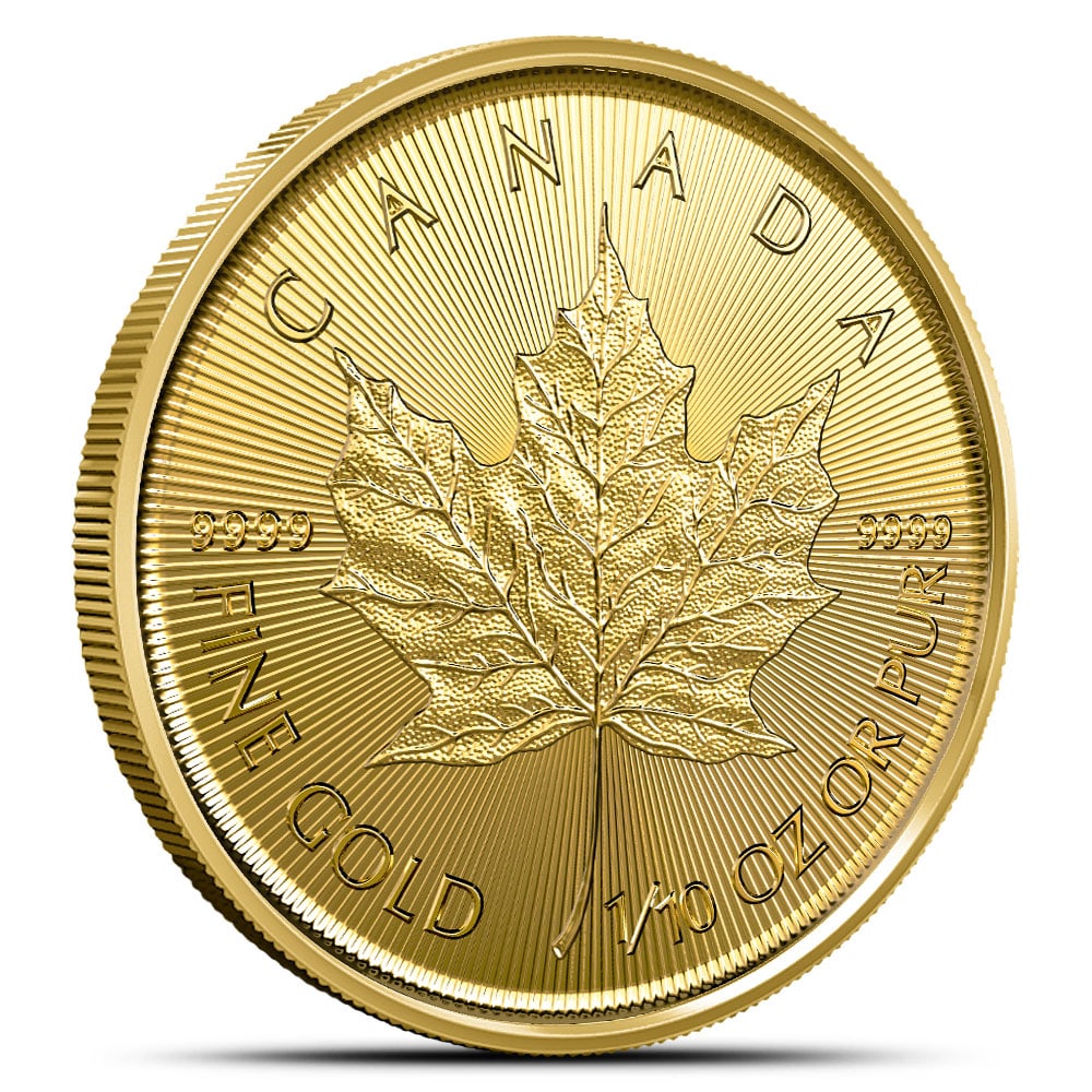 2024 1/10 oz Canadian Gold Maple: 2024 1/10 oz Canadian Gold Maple Leaf Coin (BU) SKU no: RBJ5473086 Year: 2024 Mint Mark: Not Shown Purity: .9999 Manufacturer: Royal Canadian Mint Thickness: 1.22 mm Diameter: 16 mm <