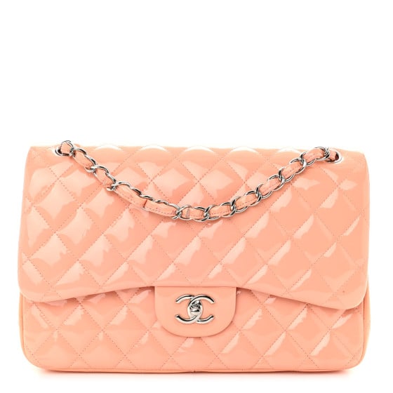 Chanel Patent Quilted Jumbo Double: Chanel Patent Quilted Jumbo Double Flap Coral SKU no: RBJ1425624 Brand: CHANEL Condition: Very Good Condition Details: Exterior: Creases, discoloration, color transfer, Handle: Edge wear, marks, Hardw