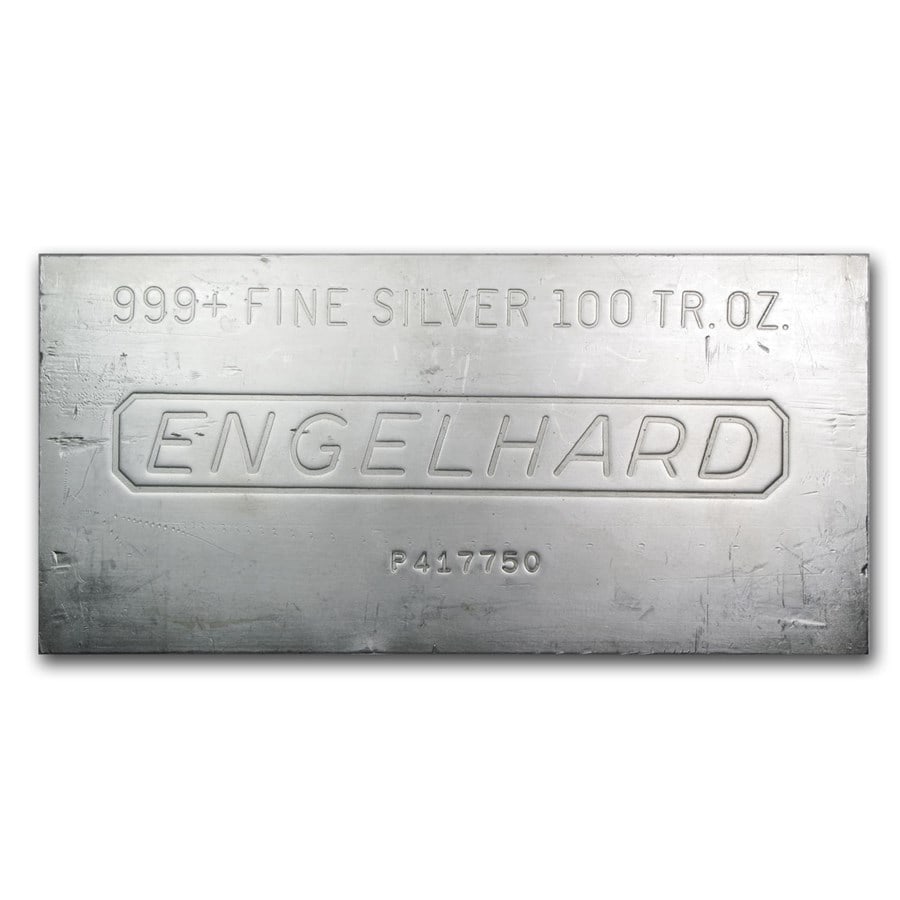 100 oz Silver Bar - Engelhard: 100 oz Silver Bar - Engelhard SKU no: RBJ62130 Year: N/A Grade: None Grade Service: None Denomination: 100 oz Mint Mark: N/A - Not Available Metal Content: 100 troy oz Purity: .9