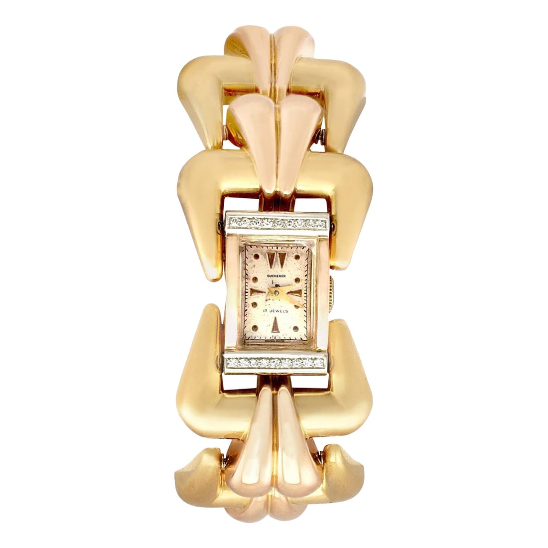 Bucherer 1940s Swiss Yellow, Rose,: Bucherer 1940s Swiss Yellow, Rose, and White Gold Wristwatch Brand: Bucherer Case Material: Gold, 18k Gold, Rose Gold, White Gold, Yellow Gold Stone: Diamond Stone Cut: Rose Cut Weight: 96.56 g Mo