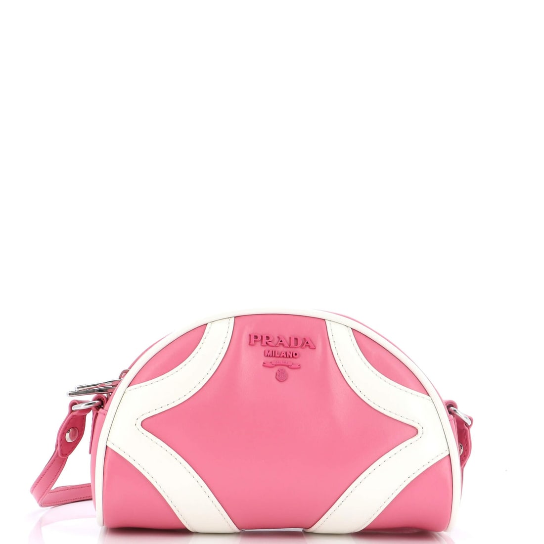 Prada Bowling Crossbody Bag Soft: Prada Bowling Crossbody Bag Soft Calf Small Exterior Color: Pink Interior Color: Black Exterior Material: Leather Interior Material: Fabric Hardware Color: Silver Accessories: Dust bag SK