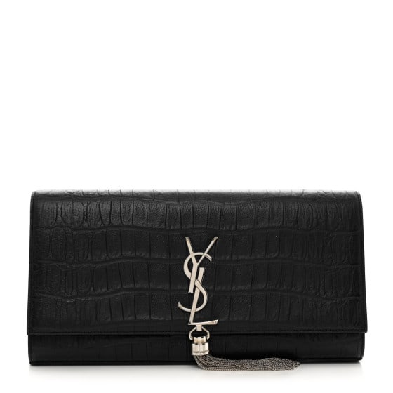 Saint Laurent Calfskin Crocodile Embossed: Saint Laurent Calfskin Crocodile Embossed Classic Monogram Tassel Clutch Black SKU no: RBJ1385634 Brand: SAINT LAURENT Condition: Excellent Condition Details: Hardware: Scratch(es), Exterior: Marks, i