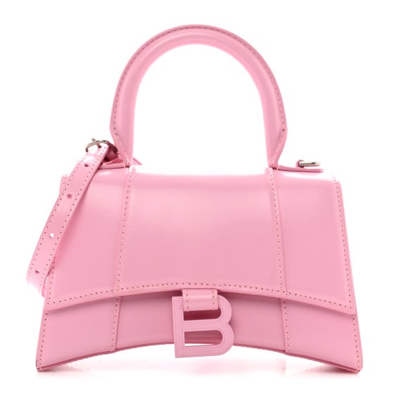 Balenciaga Shiny Box Calfskin Tonal: Balenciaga Shiny Box Calfskin Tonal B Hourglass Top Handle Bag XS Candy Pink SKU no: RBJ1383252 Brand: BALENCIAGA Condition: Very Good Condition Details: Exterior: Corner wear, edge wear, glue residue