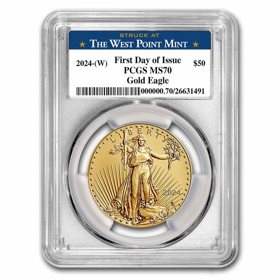 2024-(W) 1 oz American Gold: 2024-(W) 1 oz American Gold Eagle MS-70 PCGS (FDI, West Point) SKU no: RBJ284592 Year: 2024 Grade: MS-70 Grade Service: PCGS Denomination: 50 Dollars Mint Mark: W - West Point (Not Shown)