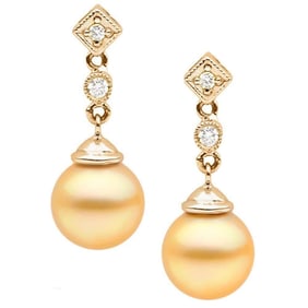 Golden South Sea Pearl and Diamond Royale Dangle Earrings