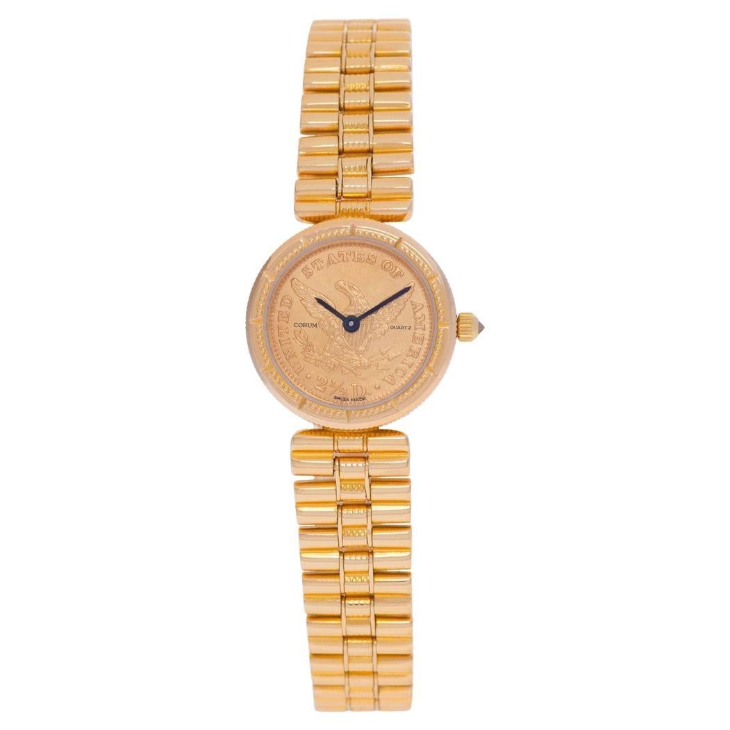 Corum $2.50 Gold Coin Watch: Corum $2.50 Gold Coin Watch in 18k Yellow Gold Brand: Corum Case Material: Yellow Gold Case Shape: Round Movement: Quartz Case Diions: Width: 0.83 in (21 mm) Length: 0.83 in (21 mm) Period: 2000-2