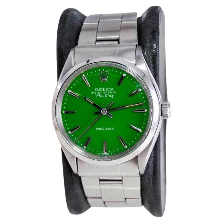 Rolex Steel Oyster Perpetual Air: Rolex Steel Oyster Perpetual Air King with Custom Finished Green Dial, 1970s Brand: Rolex Design: Air King Watch Style: Modernist Place of Origin: Switzerland Period: 1970-1979 Date of Manufacture