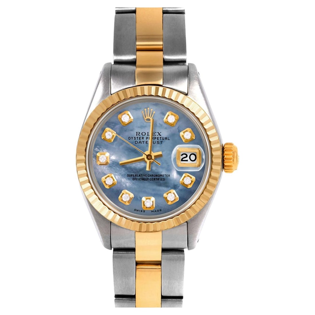 Rolex Ladies TT Datejust Blue: Rolex Ladies TT Datejust Blue Mother of Pearl Diamond Dial Oyster Band Watch Brand: Rolex Design: Lady Datejust WatchDatejust Collection Case Material: Stainless Steel Stone: Diamond Stone Cut: Bead