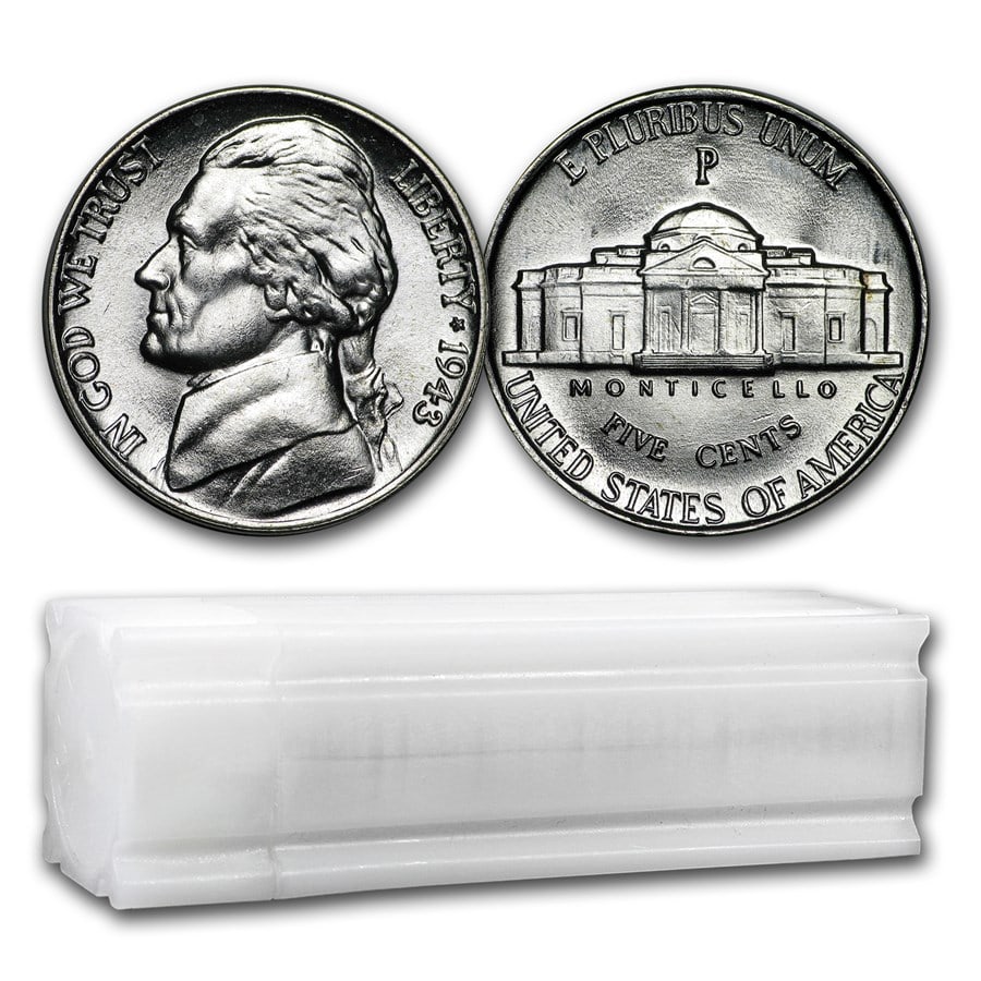 1943-P 35% Silver Wartime Jefferson: 1943-P 35% Silver Wartime Jefferson Nickel Roll BU SKU no: RBJ37466 Year: 1943 Grade: Brilliant Unc Grade Service: None Denomination: 5 Cents Mint Mark: P - Philadelphia Metal Content: 2.
