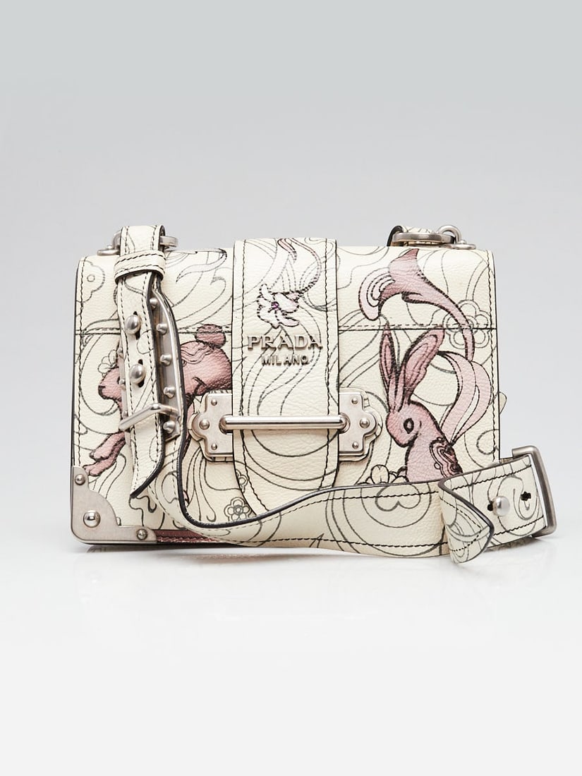 Prada Limited Edition Multicolor Rabbit Print Glace Calfskin Leather Cahier Bag: Prada Limited Edition Multicolor Rabbit Print Glace Calfskin Leather Cahier Bag Overall Condition: Like new Exterior Condition: Like new Interior Condition: Like new Designer: Prada Material: White mu