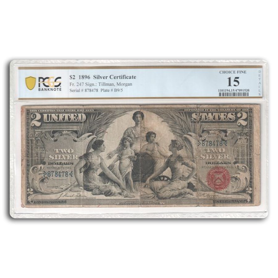 1896 $2.00 Silver Cert Educational: 1896 $2.00 Silver Cert Educational Note F-15 PCGS(Fr#247) Details SKU n: RBJ296305 Year: 1896 Grade: Fine - 15 Grade Service: PCGS Denomination: 2 Dollars Mint Mark: N/A - Not Available M