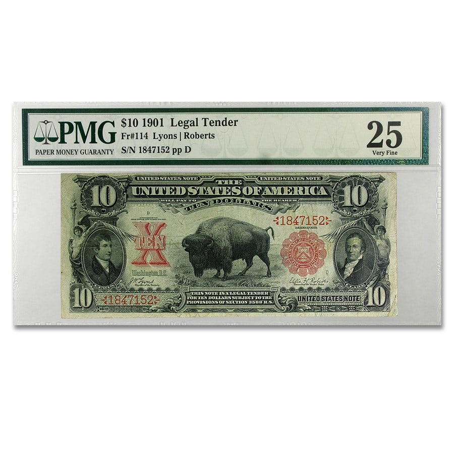 1901 $10 U.S. Note Lewis: 1901 $10 U.S. Note Lewis & Clark/Bison VF-25 PMG (Fr#114) SKU n: RBJ104074 Year: 1901 Grade: Very Fine - 25 Grade Service: PMG Denomination: 10 Dollars Mint Mark: N/A - Not Available Meta