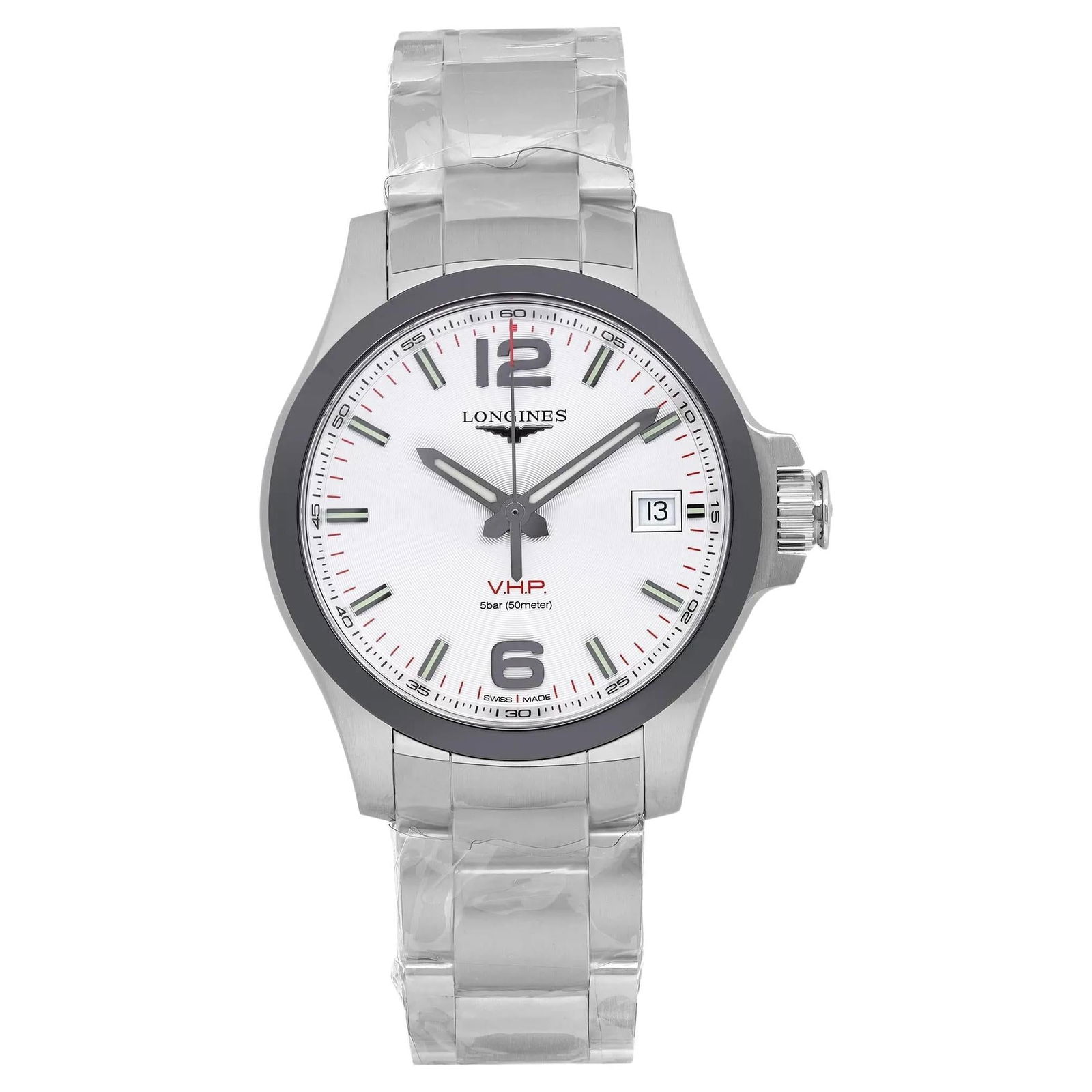 Longines Conquest V.H.P. 41mm Steel: Longines Conquest V.H.P. 41mm Steel Ceramic Silver Dial Mens Watch L3.719.4.76.6 BRAND: Longines Design: Conquest Watch Case Material: Steel Strap Material: Stainless Steel Case Shape: Round Case