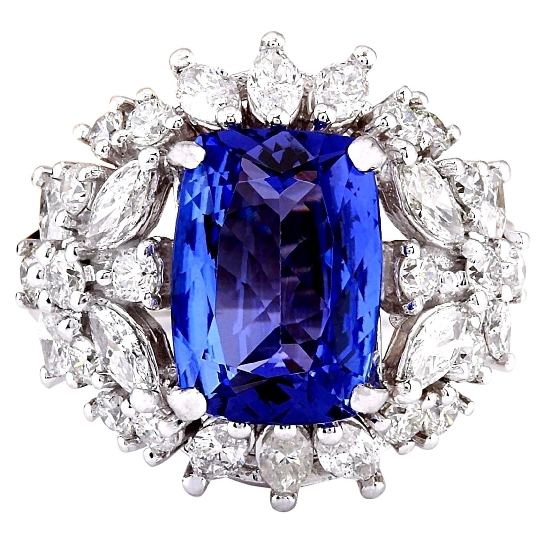 Tanzanite Diamond Ring 14K White Gold: Tanzanite Diamond Ring 14K White Gold Ring Size: 7 US, Resizable Metal: 14k Gold, White Gold Stone: Diamond, Tanzanite Stone Cut: Cushion Cut Weight: 5.35 ct Style: Modern Place of Origin: United Stat