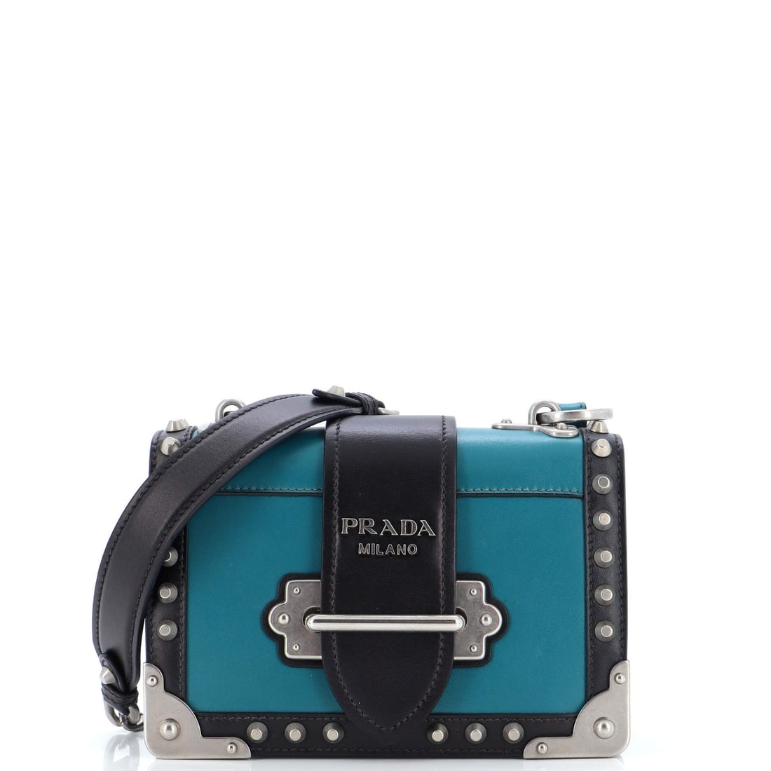 Prada Cahier Crossbody Bag Studded City Calf Small: Prada Cahier Crossbody Bag Studded City Calf Small Exterior Color: Blue Interior Color: Black, Blue Exterior Material: Leather Interior Material: Leather Hardware Color: Aged Silver Accessories: N