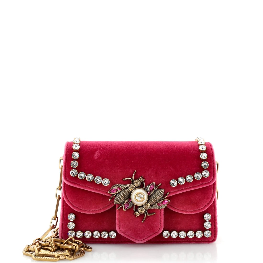 Gucci Broadway Pearly Bee Shoulder Bag Crystal Embellished Velvet Mini: Gucci Broadway Pearly Bee Shoulder Bag Crystal Embellished Velvet Mini Exterior Color: Pink Interior Color: Neutral Exterior Material: Velvet Interior Material: Leather Hardware Color: Aged Gold A
