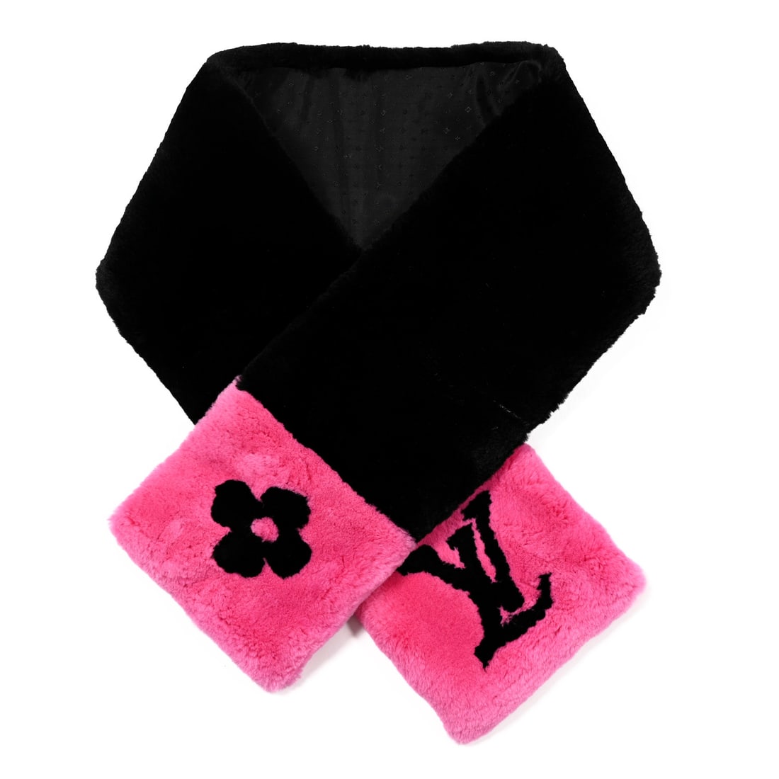 Louis Vuitton Fur Logo Scarf: Louis Vuitton Fur Logo Scarf Fluo Black Pink Item #: 1419956 Brand: LOUIS VUITTON Condition: Excellent Condition Details: Interior: Marks Length: 44 in Width: 6 in , Box This is