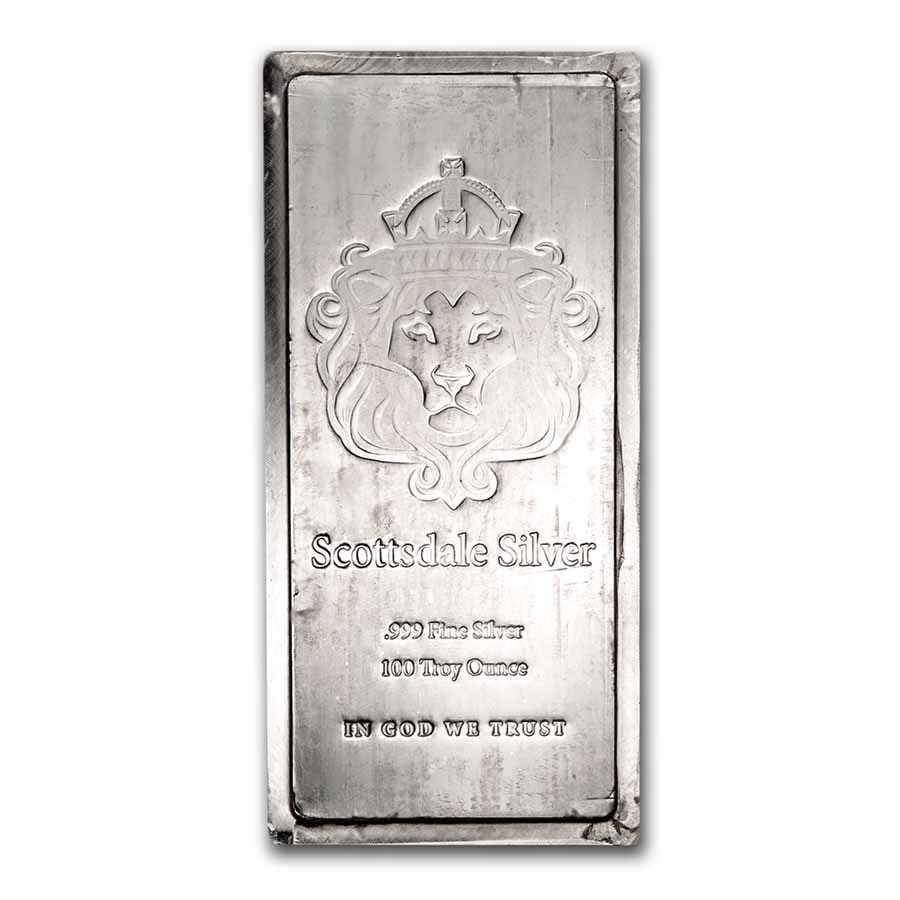 100 oz Silver Bar -: 100 oz Silver Bar - Scottsdale Mint Stacker SKU n: RBJ237616 Year: N/A Grade: None Grade Service: None Mint Mark: N/A - Not Available Metal Content: 100 troy oz Purity: .999 Thic