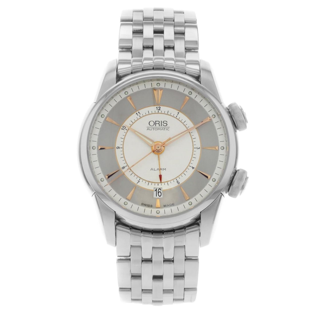 Oris Artelier Alarm Silver Dial: Oris Artelier Alarm Silver Dial Steel Automatic Men Watch 01 908 7607 4051-Set-M BRAND: Oris Case Material: Steel Case Shape: Round Movement: Automatic Case Dimensions: Diameter: 42 in (1, 066.8 mm) <