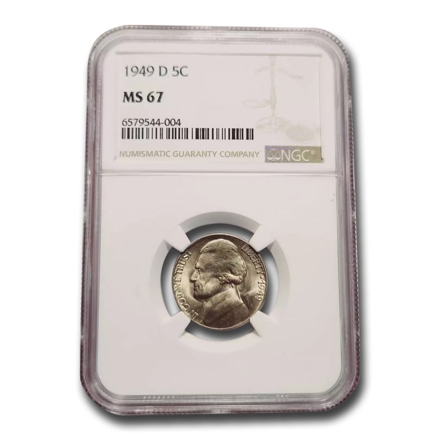 1949-D Jefferson Nickel MS-67 NGC: 1949-D Jefferson Nickel MS-67 NGC SKU n: RBJ296604 Year: 1949 Grade: MS-67 Grade Service: NGC Denomination: 5 Cents Mint Mark: D - Denver Metal Content: 0 troy oz Purity: None