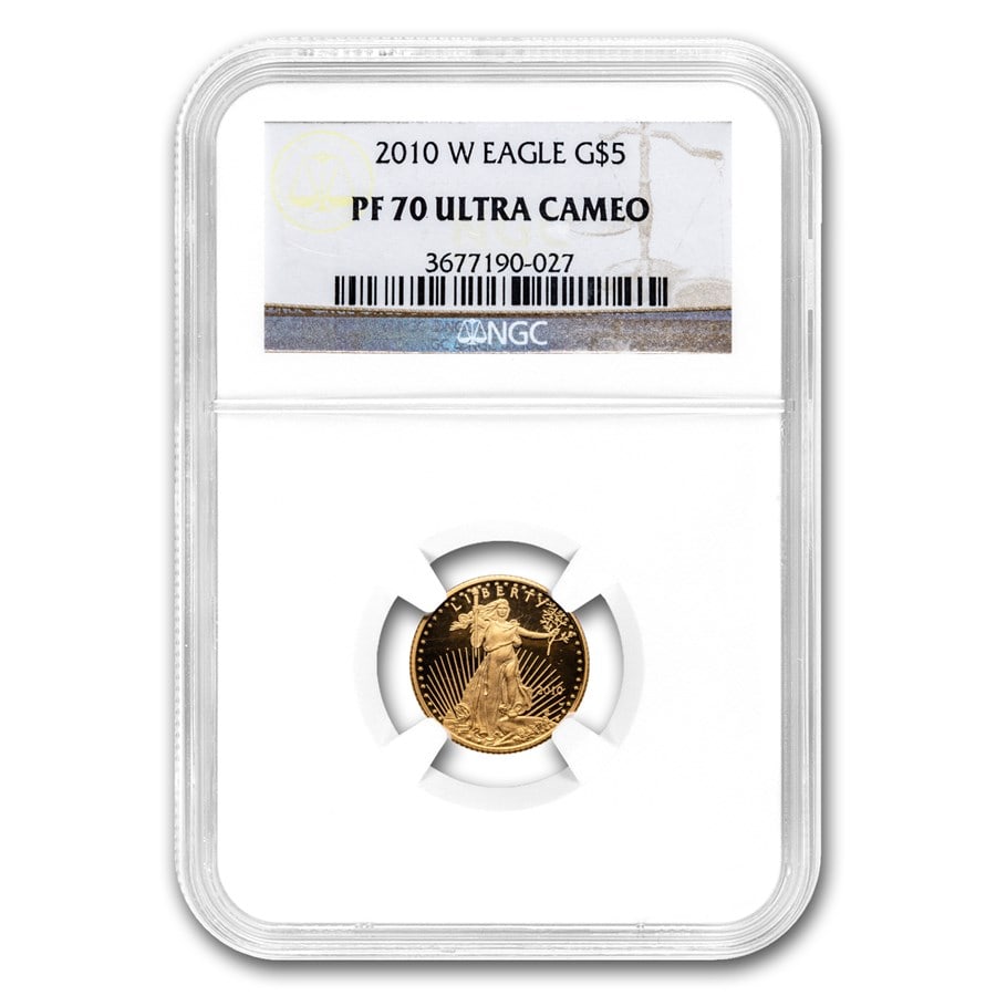 2010-W 1/10 oz Proof American: 2010-W 1/10 oz Proof American Gold Eagle PF-70 UCAM NGC SKU n: RBJ66087 Year: 2010 Grade Service: NGC Denomination: $5.00 Metal Content: 0.1 troy oz Purity: .9167 Thickness: 1.19 mm <