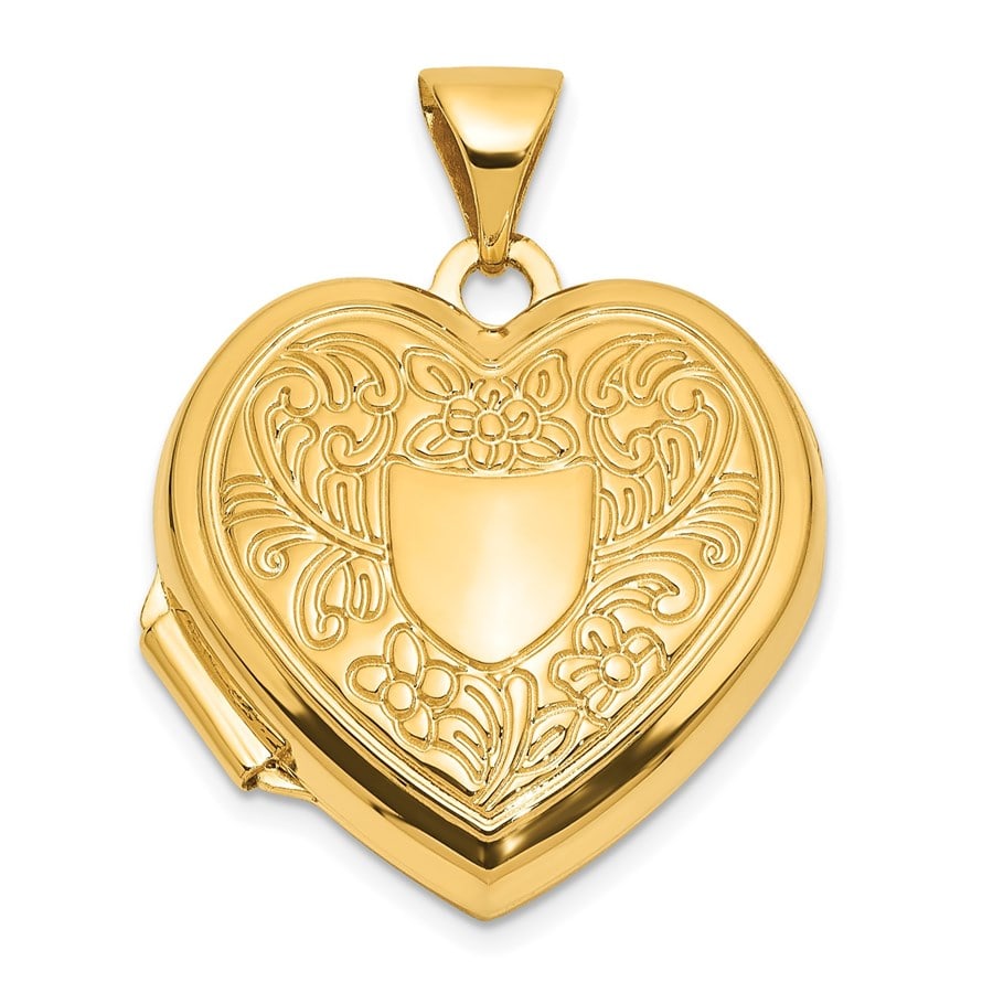 14K Yellow Gold Fancy Crest: 14K Yellow Gold Fancy Crest 18mm Heart Locket - 24 mm SKU no: RBJ267269 Metal: Gold Purity: 14K Finish: Polished Length Of Item: 24 mm Charm Element Length: 18 mm Charm Element Width: 18