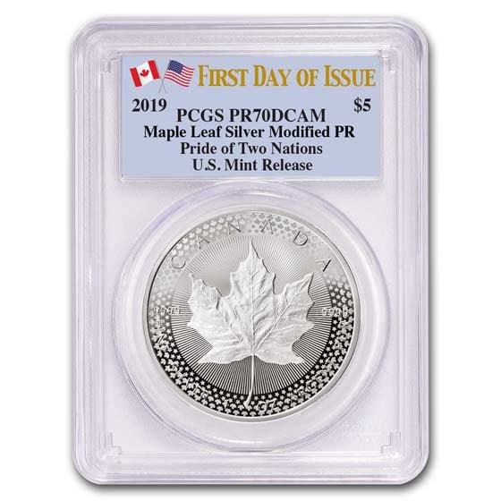 2019 1 oz Silver Maple: 2019 1 oz Silver Maple Leaf Modified Proof PR-70 PCGS (First Day) SKU no: RBJ196207 Year: 2019 Grade: Proof - 70 Grade Service: PCGS Denomination: 5 Dollars Mint Mark: RCM (Not Shown) Met
