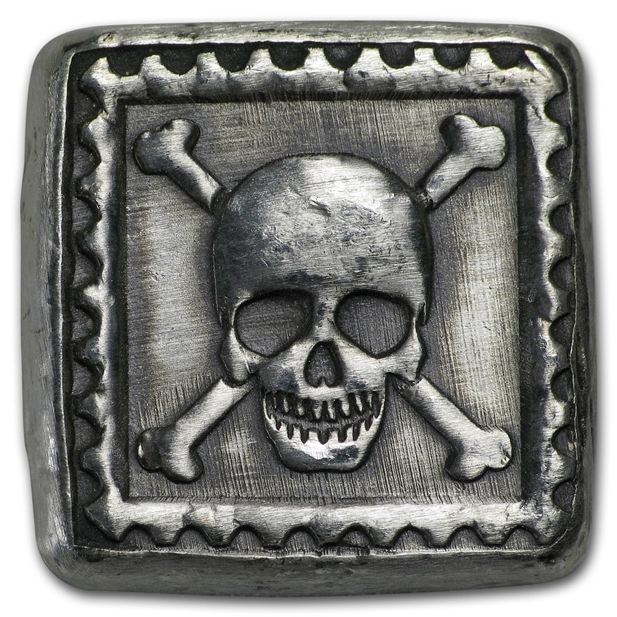 1 oz Hand Poured Silver: 1 oz Hand Poured Silver Square - Skull & Bones Postage Stamp SKU no: RBJ162329 Year: N/A Grade: None Grade Service: None Denomination: 1 oz Mint Mark: N/A - Not Available Metal Content: 1