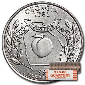 1999-D Georgia Statehood Quarter 40-Coin: 1999-D Georgia Statehood Quarter 40-Coin Roll BU SKU no: RBJ8092 Year: 1999 Grade: Brilliant Unc Grade Service: None Denomination: 25 Cents Mint Mark: D - Denver Metal Content: 0 troy oz