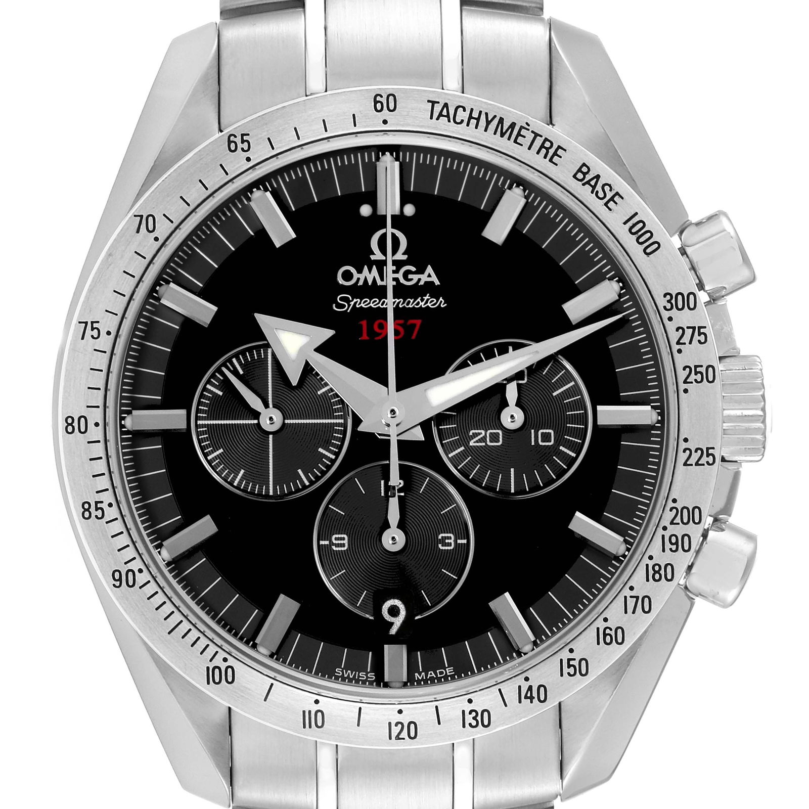 Omega Speedmaster Broad Arrow 1957: Omega Speedmaster Broad Arrow 1957 Steel Watch 321.10.42.50.01.001 Card SKU no: RBJ58152 Brand: Omega Model Name: Omega Speedmaster Broad Arrow 1957 Steel Watch 321.10.42.50.01.001 Card Model Number: