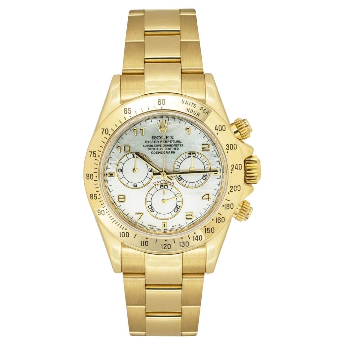 Rolex Daytona Mother of Pearl: Rolex Daytona Mother of Pearl Dial 116528 Brand: Rolex Design: Cosmograph Daytona Watch Case Material: 18k Gold, Yellow Gold Case Dimensions: Diameter: 1.58 in (40 mm) Place of Origin: Switzerland