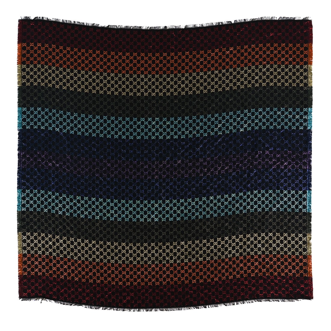 Viscose Cotton Silk Jacquard GG: Gucci Viscose Cotton Silk Jacquard GG Monogram Shiny Summer Square Shawl Black Multicolor Brand: GUCCI Condition: Excellent Condition Details: Exterior: Pilling, Box Length: 50 in Height: 50 in S