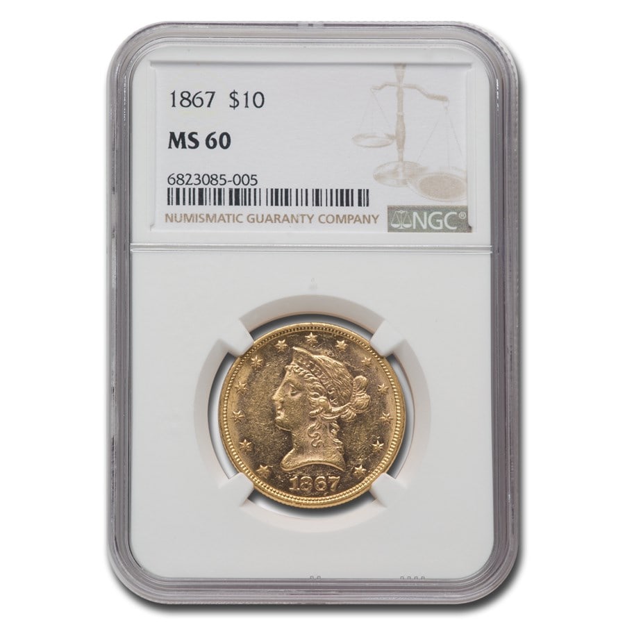 1867 $10 Liberty Gold Eagle: 1867 $10 Liberty Gold Eagle MS-60 NGC SKU no: RBJ287610 Year: 1867 Grade: MS-60 Grade Service: NGC Denomination: 10 Dollars Mint Mark: P - Philadelphia (Not Shown) Metal Content: 0.4837 t