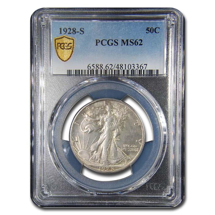1928-S Walking Liberty Half Dollar: 1928-S Walking Liberty Half Dollar MS-62 PCGS SKU no: RBJ258963 Year: 1928 Grade Service: PCGS Denomination: 50 Cents Metal Content: 0.3617 troy oz Purity: .900 Diameter: 30.6 mm