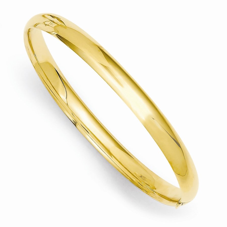 14k Gold 5 mm Polished: 14k Gold 5 mm Polished Hinged Baby Bangle Bracelet SKU no: RBJ100806 Metal: Gold Purity: 14k Finish: Polished Length Of Item: 6 in Chain Length: 6 in Chain Width: 5 mm