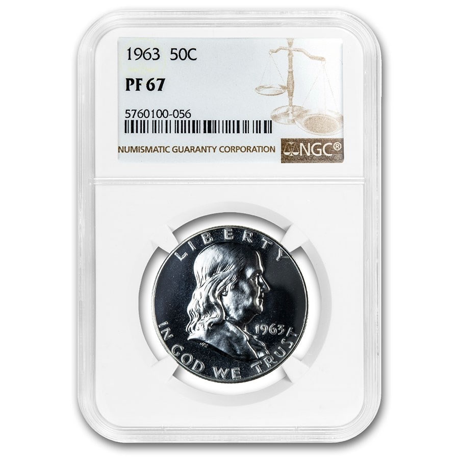 1963 Franklin Half Dollar PF-67: 1963 Franklin Half Dollar PF-67 NGC SKU no: RBJ155662 Year: 1963 Grade Service: NGC Denomination: $0.50 Metal Content: 0.3617 troy oz Purity: .900 Thickness: 2.15 mm Diameter: 30