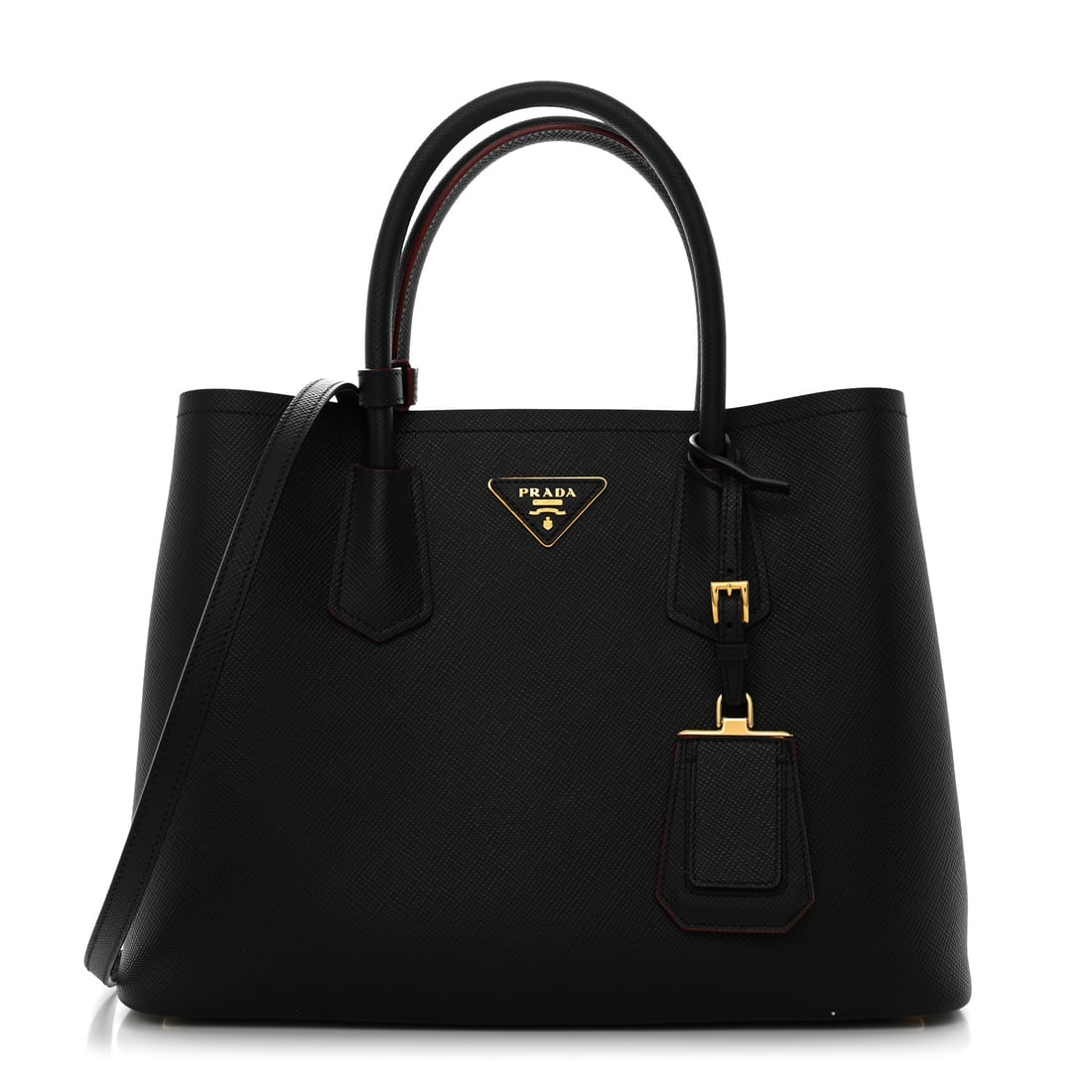Saffiano Cuir Medium Double Bag: Prada Saffiano Cuir Medium Double Bag Black Fuoco Brand: PRADA Condition: Excellent Condition Details: Exterior: Edge wear, marks, faint scuffs, Handle: Sizing marks, Interior: Creases, scuffs, marks,