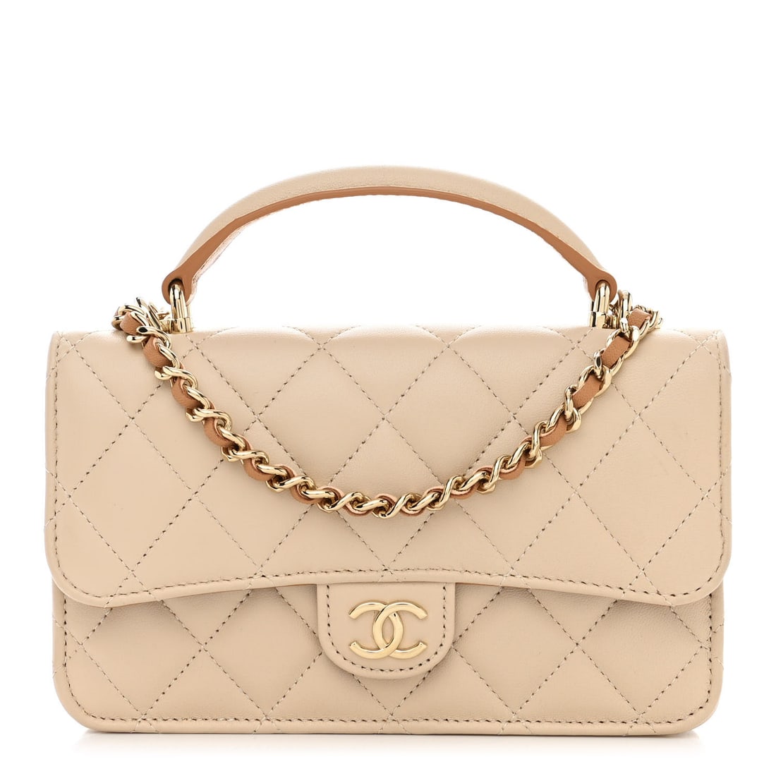 Lambskin Quilted Flap Phone Holder: Chanel Lambskin Quilted Flap Phone Holder With Chain Beige Brown Brand: CHANEL Condition: Excellent Condition Details: Exterior: Creases, imprints, Interior: Creases, Hardware: Protective plastic stic
