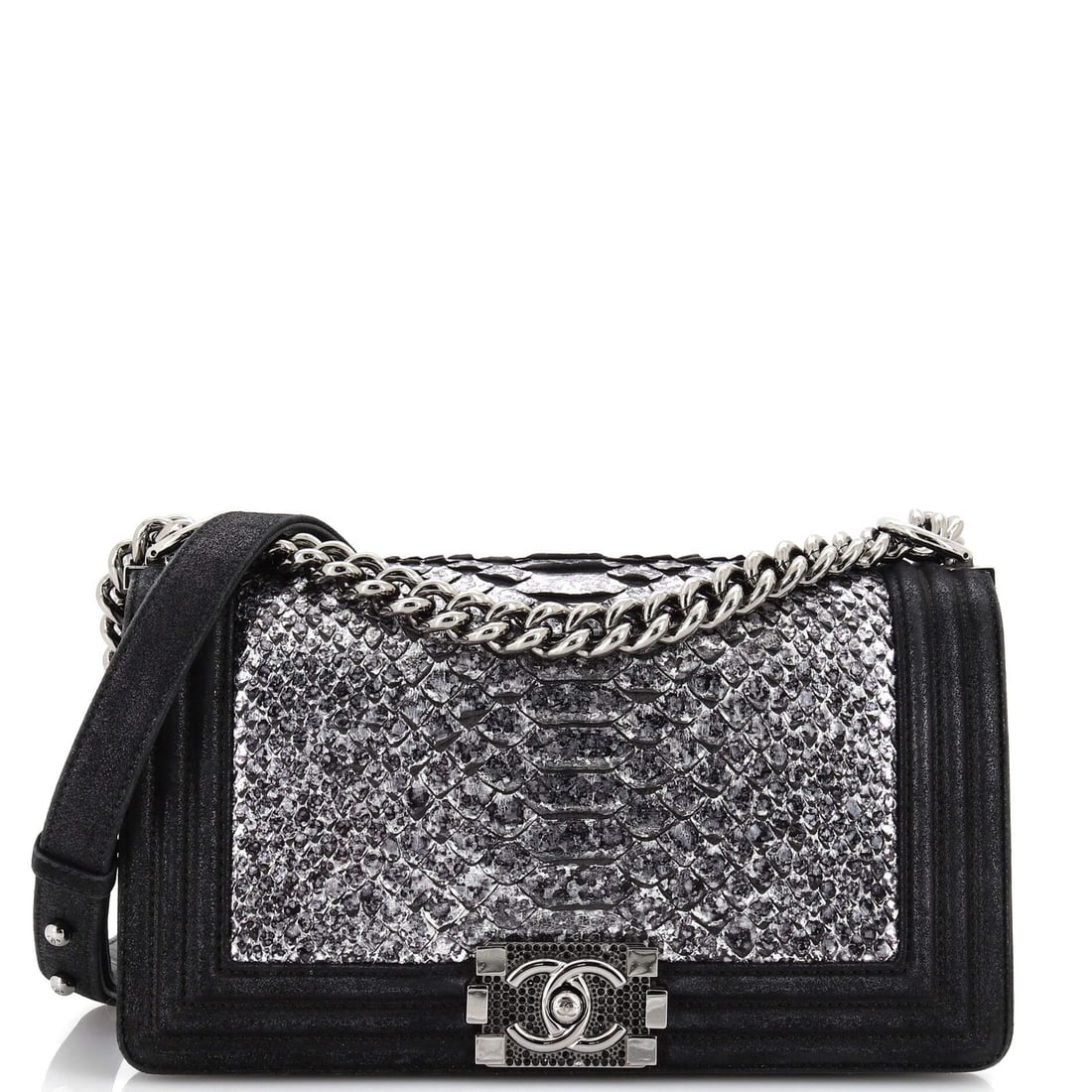 Chanel Boy Flap Bag Python: Chanel Boy Flap Bag Python Old Medium Exterior Color: Black Interior Color: Black Exterior Material: Python Interior Material: Microfiber Hardware Color: Gun Metal Accessories: No Accessories